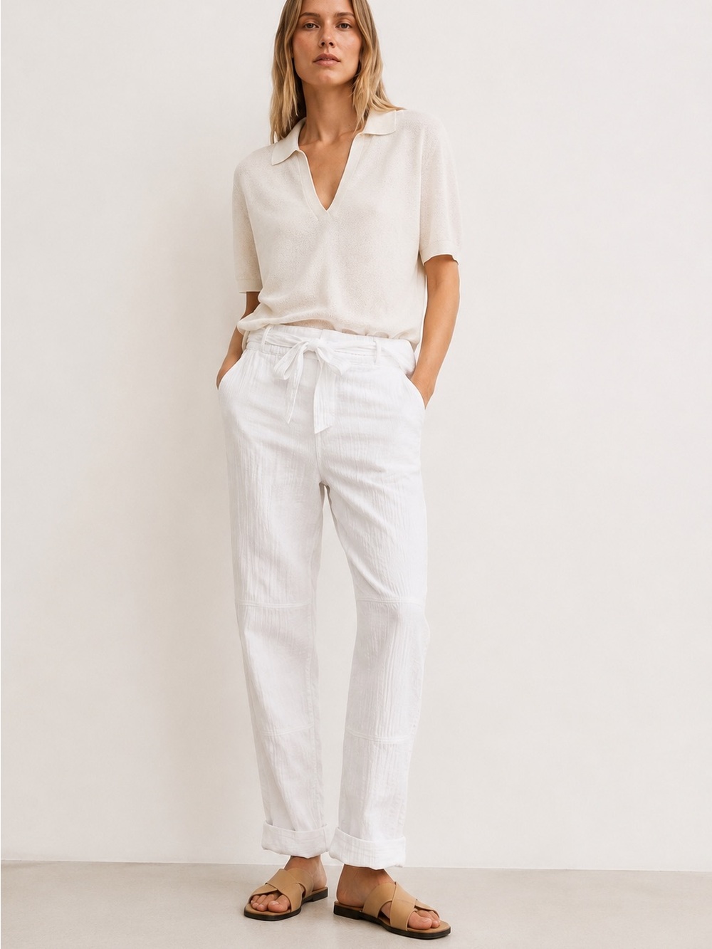 ME+EM Gauze Cotton‎ All White Relaxed Pull on Pant Belt Pockets 6 Coastal